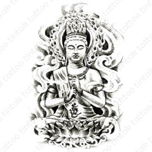 Load image into Gallery viewer, Black and Gray Buddha temporary tattoo design.