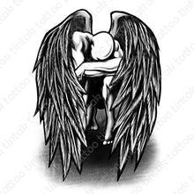 Load image into Gallery viewer, Black and gray temporary tattoo sticker with fallen angel design.