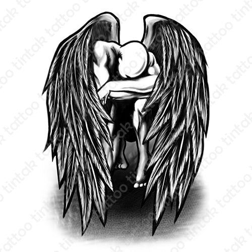 Black and gray temporary tattoo sticker with fallen angel design.