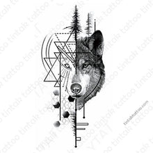 Load image into Gallery viewer, Geometric Wolf temporary tattoo sticker design.