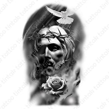 Load image into Gallery viewer, Jesus Temporary Tattoo Sticker in black and grey design with rose flower and a dove.