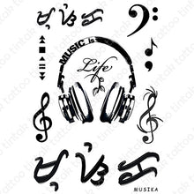 Load image into Gallery viewer, Music is life temporary tattoo sticker designs with gclef, fclef, and baybayin word (read as &quot;musika&quot;).