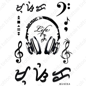 Music is life temporary tattoo sticker designs with gclef, fclef, and baybayin word (read as "musika").