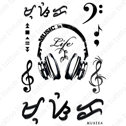 Music is life temporary tattoo sticker designs with gclef, fclef, and baybayin word (read as 
