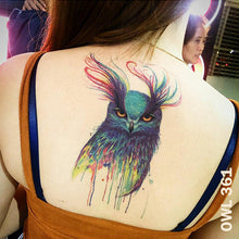 Load image into Gallery viewer, water colored owl Temporary Tattoo Sticker on woman&#39;s back