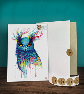 Tintak temporary tattoo sticker with water-colored owl design, with its hard board packaging.