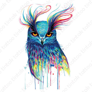 Watercolored owl temporary tattoo sticker design.
