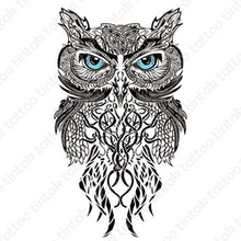 Load image into Gallery viewer, Black and gray owl temporary tattoo sticker in tribal design.