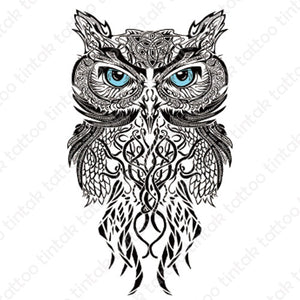 Black and gray owl temporary tattoo sticker in tribal design.