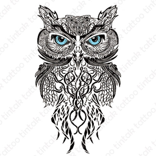 Black and gray owl temporary tattoo sticker in tribal design.