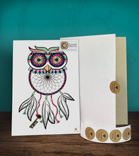 Load image into Gallery viewer, Tintak temporary tattoo sticker with owl dream catcher design, with its hard board packaging.