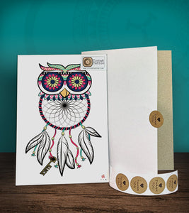 Tintak temporary tattoo sticker with owl dream catcher design, with its hard board packaging.