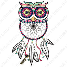Load image into Gallery viewer, Owl dream catcher temporary tattoo design.