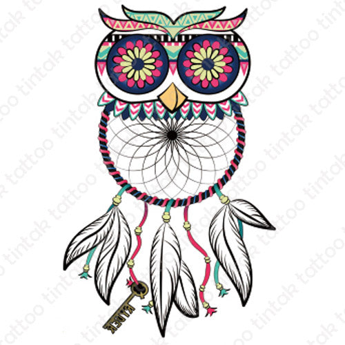 Owl dream catcher temporary tattoo design.