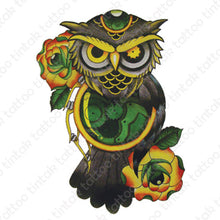 Load image into Gallery viewer, Green owl temporary tattoo sticker design with two roses and a clock.