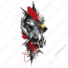 Load image into Gallery viewer, Wolf temporary tattoo sticker design and trash polka style.