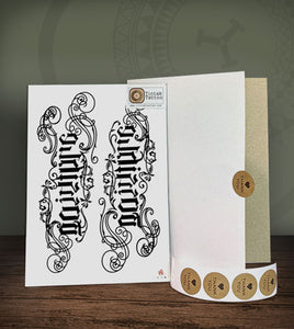 Ambigram temporary tattoo sticker on its packaging