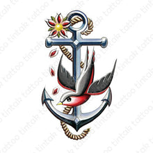 Load image into Gallery viewer, Anchor temporary tattoo design with a rope and a bird.