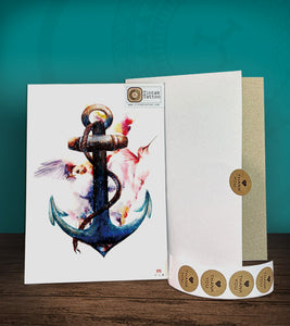 Tintak temporary tattoo sticker with anchor design, with its hard board packaging.