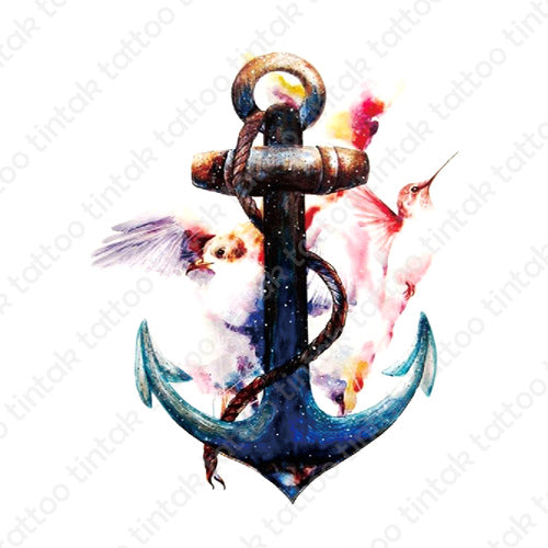Anchor temporary tattoo design with a rope and two birds.