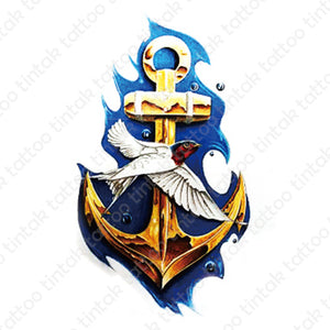 Golden anchor temporary tattoo design with a bird.