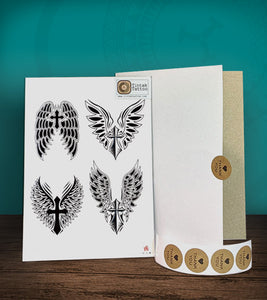 Tintak temporary tattoo sticker with angel wings design, with its hard board packaging.