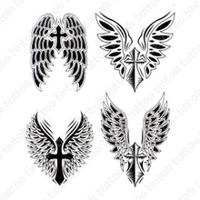 Load image into Gallery viewer, Tintak temporary tattoo design with four variants of cross with wings.
