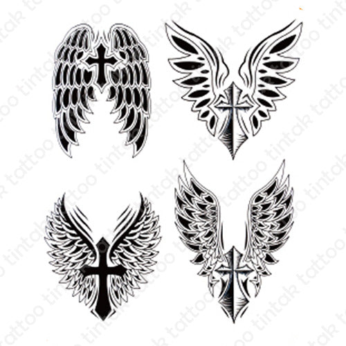 Tintak temporary tattoo design with four variants of cross with wings.