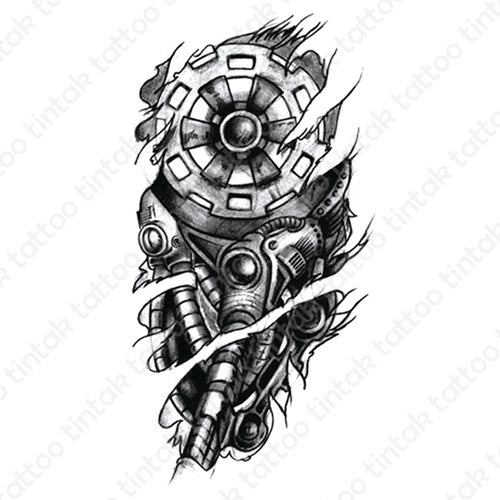 Biomech Temporary Tattoo design in Black and Gray with gears and chords.