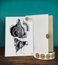 Load image into Gallery viewer, Temporary tattoo sticker with Biomech design with its hard board packaging.