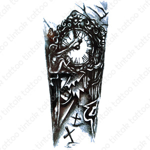 black and gray semi-biomechanical temporary tattoo design with a clock