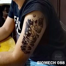 Load image into Gallery viewer, black and gray biomechanical temporary tattoo sticker on man&#39;s arm