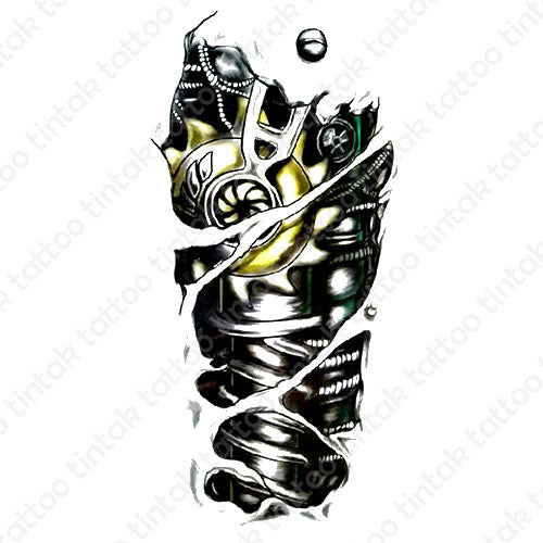 black and gray biomechanical temporary tattoo design with yellow accent on one machine part