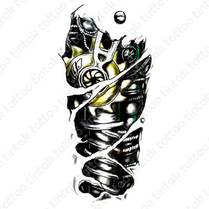 black and gray biomechanical temporary tattoo design with yellow accent on one machine part