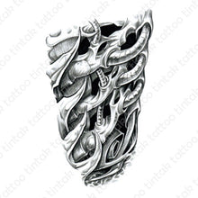 Load image into Gallery viewer, black and gray biomechanical temporary tattoo design showing bones and machine parts