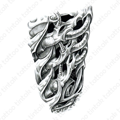 black and gray biomechanical temporary tattoo design showing bones and machine parts