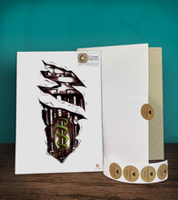 Load image into Gallery viewer, Tintak temporary tattoo sticker with biomech design, with its hard board packaging.