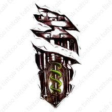Load image into Gallery viewer, black and gray biomechanical temporary tattoo design with green coil spring