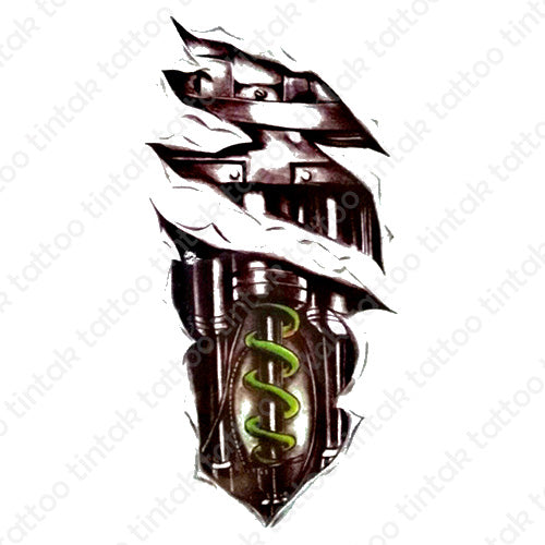 black and gray biomechanical temporary tattoo design with green coil spring
