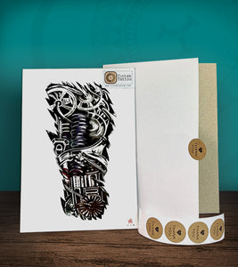 Tintak temporary tattoo sticker with biomech design, with its hard board packaging.