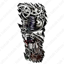 Load image into Gallery viewer, black and gray biomechanical temporary tattoo design with gears and other machine parts