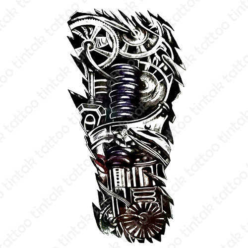 black and gray biomechanical temporary tattoo design with gears and other machine parts