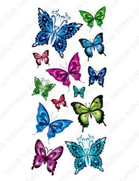 Set of small butterfly temporary tattoo designs in different colors.