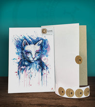 Load image into Gallery viewer, Tintak temporary tattoo sticker with water-colored cat design, with its hard board packaging.