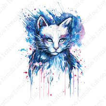 Load image into Gallery viewer, Water-colored cat temporary tattoo in blue color design.