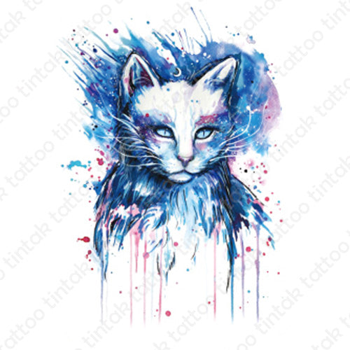 Water-colored cat temporary tattoo in blue color design.