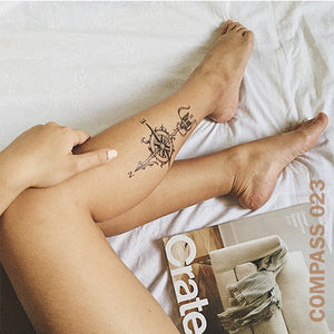 Compass Temporary Tattoo Sticker on woman's leg