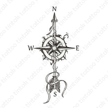 Load image into Gallery viewer, Black and gray compass temporary tattoo design.