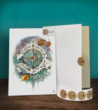 Load image into Gallery viewer, Tintak temporary tattoo sticker with compass and waves design, with its hard board packaging.