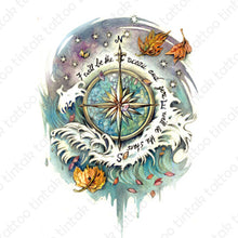 Load image into Gallery viewer, Compass tintak temporary tattoo design with ocean waves and stars.